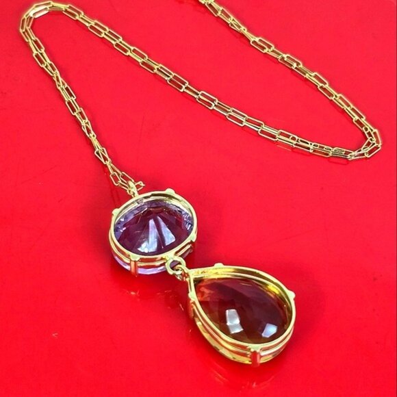 925 Sterling Silver Necklace 14K Gold Pl with Natural Amethyst & Honey Quartz - Picture 5 of 12